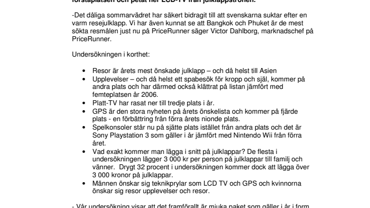 PriceRunners julklappsundersökning: Resan till Asien står överst på julönskelistan 