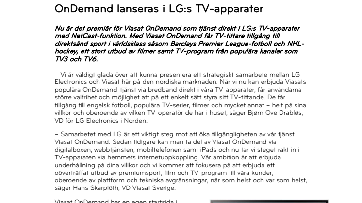 Sport, film och serier på dina villkor när Viasat OnDemand lanseras i LG:s TV-apparater 