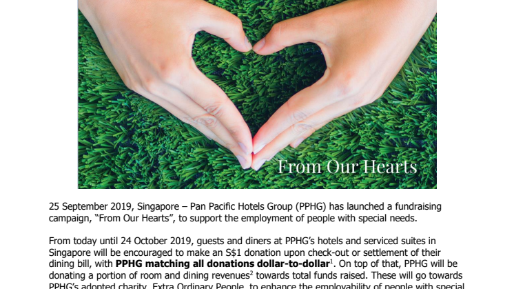 Pan Pacific Hotels Group Launches “From Our Hearts” Fundraising Campaign  To Support the Employment of People with Special Needs