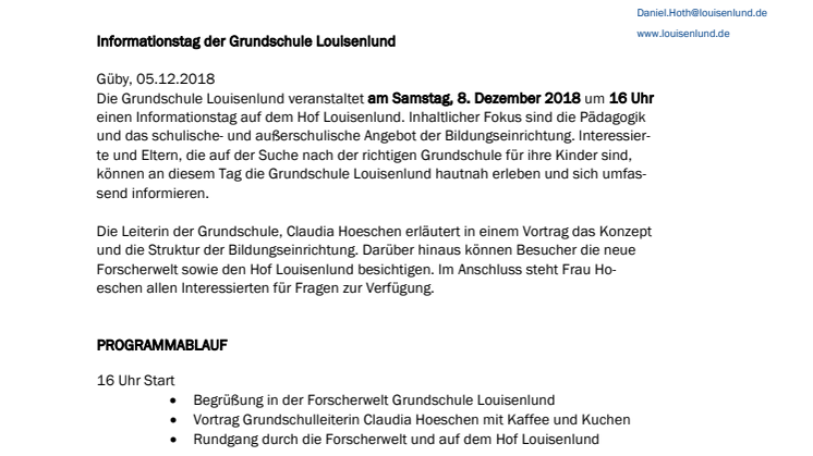 Pressemitteilung Informationstag der Grundschule Louisenlund Dezember 2018