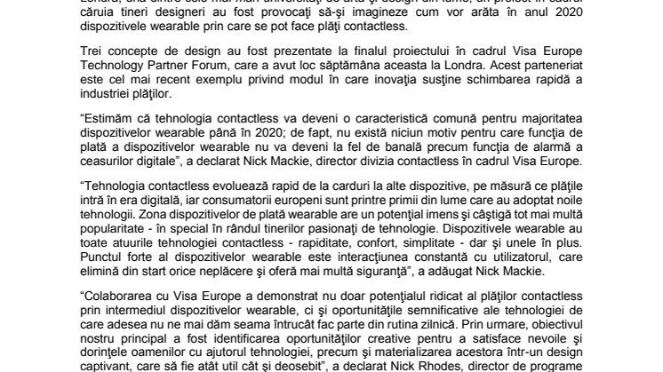 Visa Europe şi tineri designeri au creat dispozitive wearable pentru plăţile din anul 2020