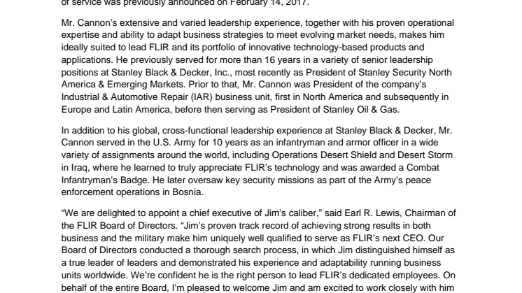FLIR: FLIR Systems Announces Appointment of James J. Cannon as President and CEO