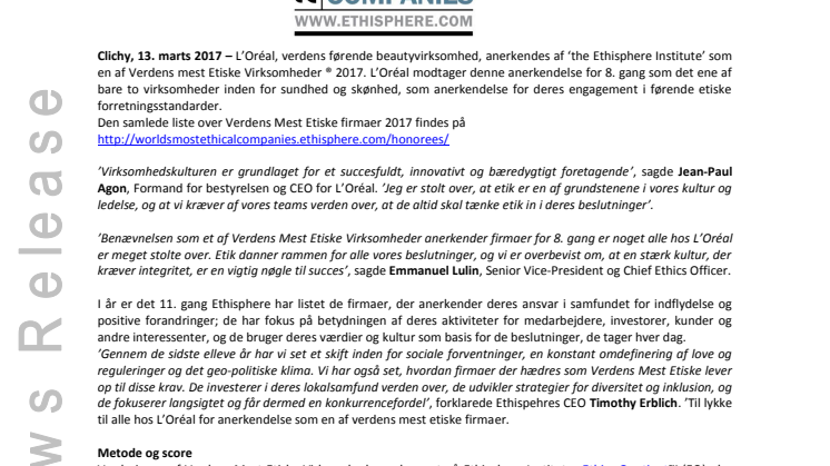 Verdens mest etiske firmaer - L'Oréal på listen for 8. gang i 2017