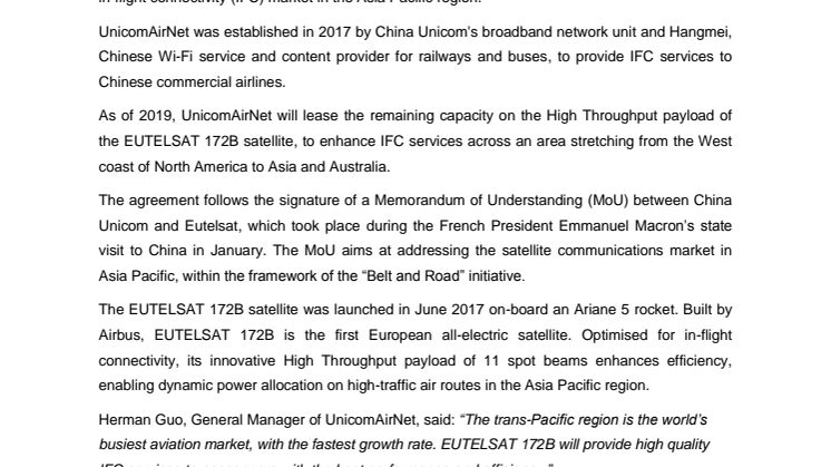 UnicomAirNet chooses Eutelsat for in-flight connectivity services in Asia Pacific
