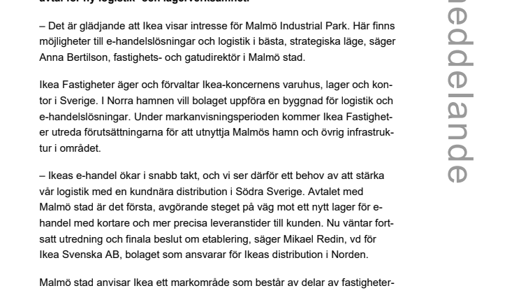 Markanvisning till Ikea för storsatsning  i Malmö Industrial Park
