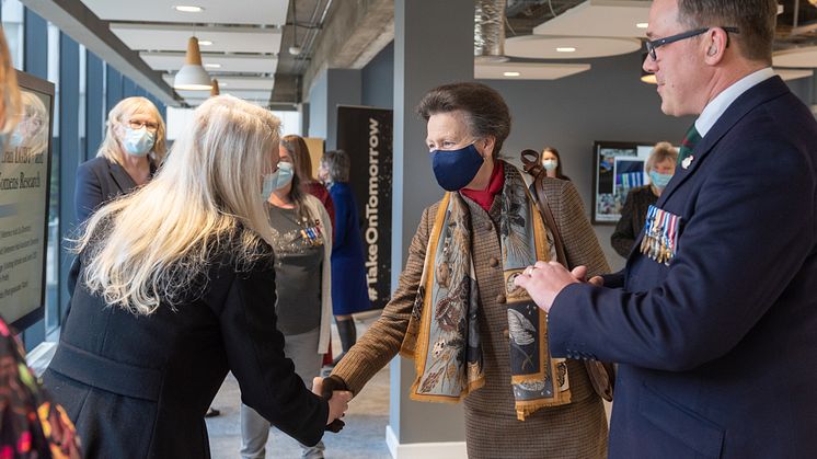 HRH Veteran Hub visit - HRH The Princess Royal meets Co-Directors of the Northern Hub for Veterans and Military Families Research, Mrs Gill McGill and Professor Matt Kiernan.