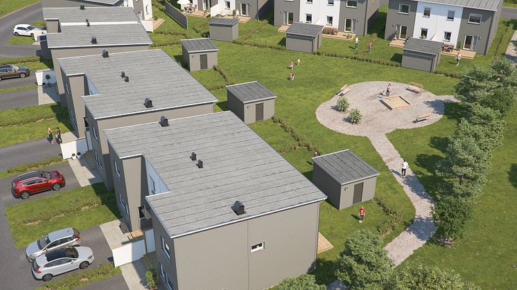 Översiktsillustration av det nya kvarteret, BoKlok Smaragden i Färjestaden. 