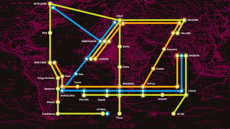 Ett urval av orter där tre populära böcker av svenska deckarförfattare getts ut. Orange linje: 1793 av Niklas Dag och Natt. Grön linje: Isprinsessan av Camilla Läckberg. Blå linje: Sandmannen av Lars Kepler.