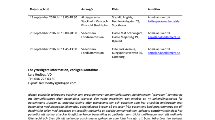 Inbjudan till Idogens investerarträffar i september 2016