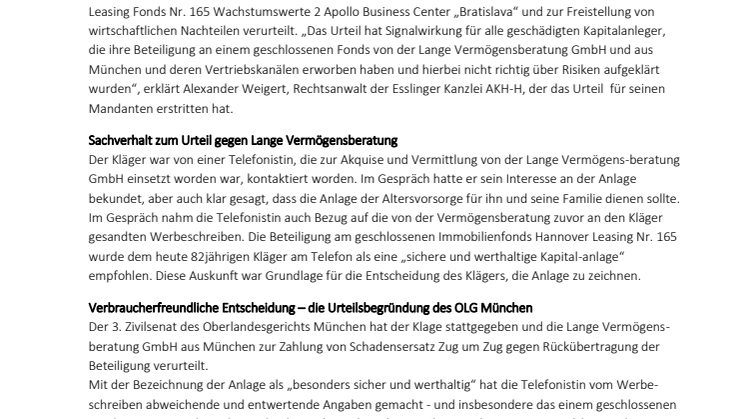 OLG München verurteilt Lange Vermögensberatung GmbH zu Schadensersatz und Rückabwicklung einer Beteiligung am Hannover Leasing Fonds Nr. 165