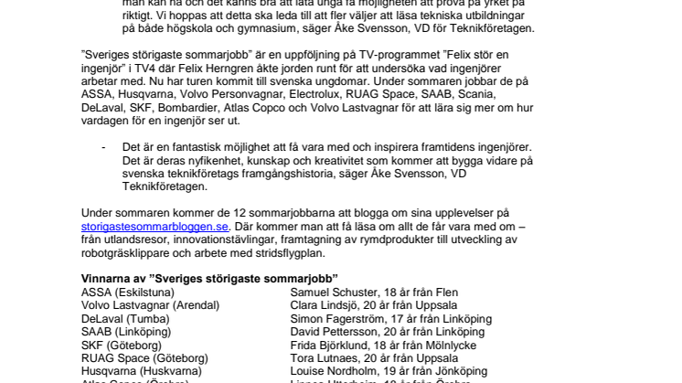 Vinnarna av Sveriges störigaste sommarjobb utsedda – 12 ungdomar följer ingenjörer i deras arbete i sommar