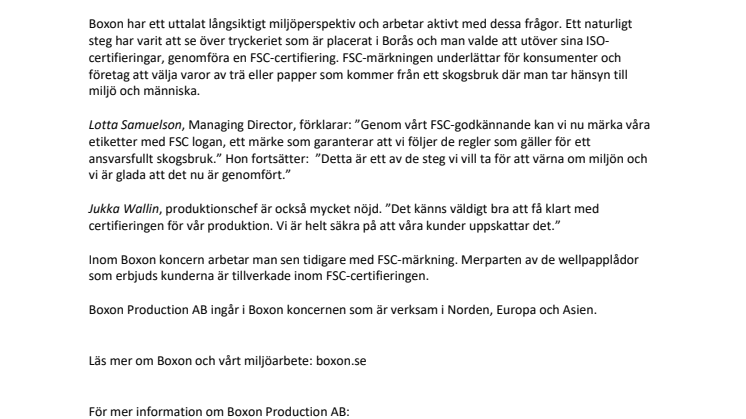 Boxon Production AB - en av de första FSC-certifierade etikettproducenterna i Norden