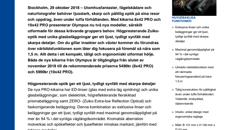 Nya standarder för ljusgenomsläpp: Kikarna 8x42 PRO och 10x42 PRO från Olympus