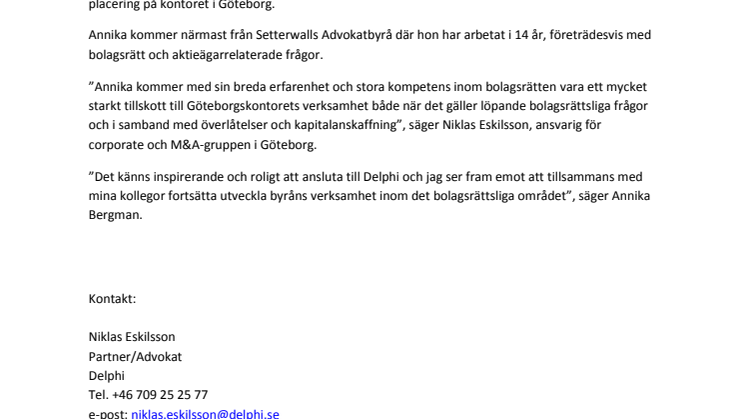 Delphi stärker sitt team inom bolagsrätt