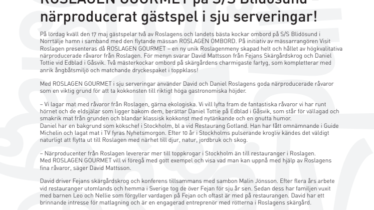  ROSLAGEN GOURMET på S/S Blidösund -  närproducerat gästspel i sju serveringar!                                                 