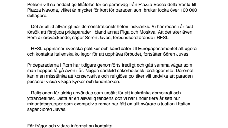 Prideparad i Rom förbjuds av polisen