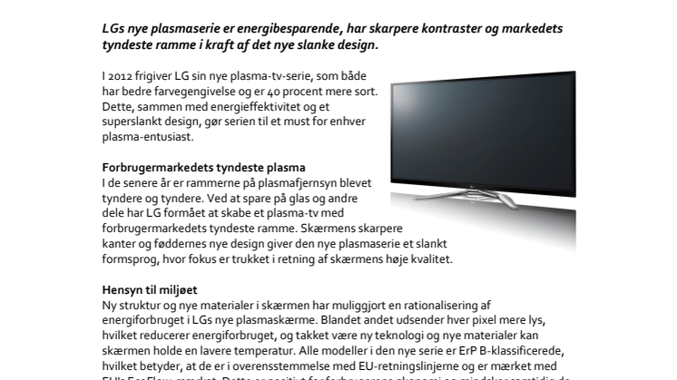 LG lancerer slank og energibesparende plasmaserie med fantastisk farvegengivelse