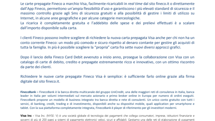 Fineco, arrivano le nuove carte prepagate Visa