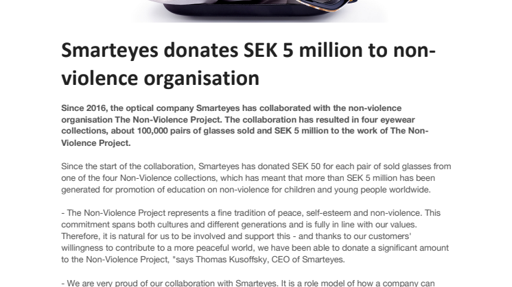 Smarteyes donates SEK 5 million to non-violence organization