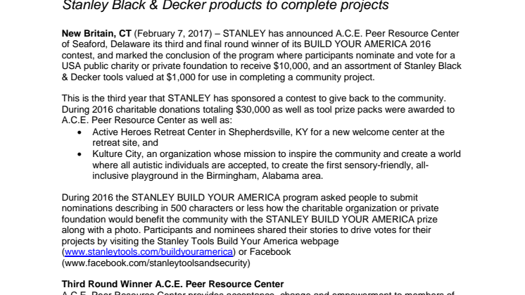 STANLEY® Announces A.C.E. Peer Resource Center as  Third Round Winner of Build Your America Contest 2016 
