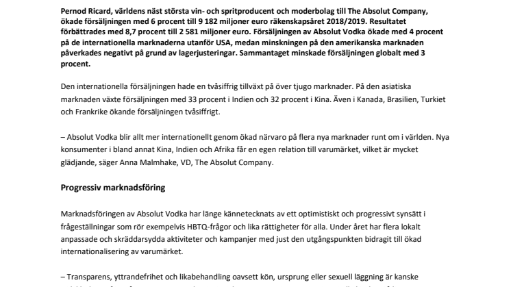 Absolut växer internationellt men minskar i USA