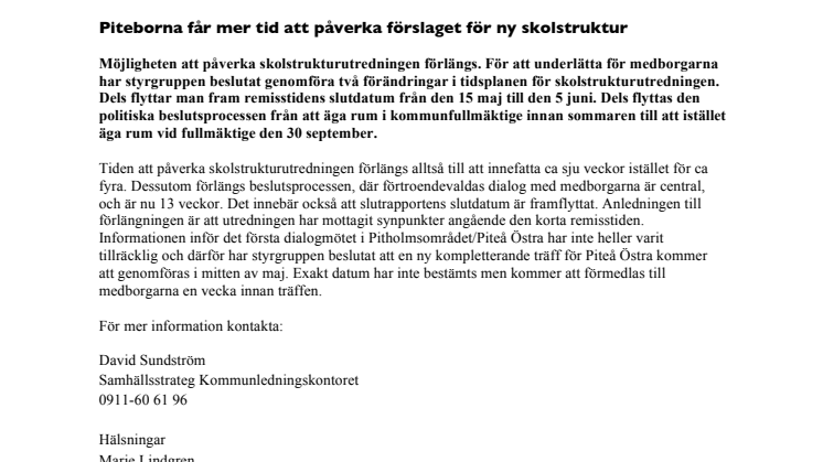 Piteborna får mer tid att påverka förslaget för ny skolstruktur