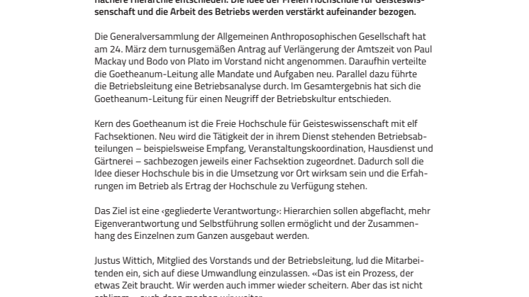 Mehr Eigenverantwortung und Selbstführung. ​Goetheanum-Leitung stellt Betrieb und Hochschule neu auf