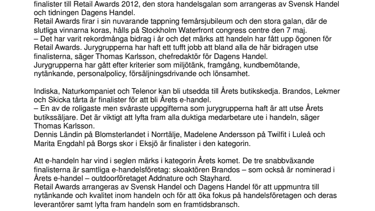 De kan vinna årets stora handelspris - Finalisterna i Retail Awards 2012