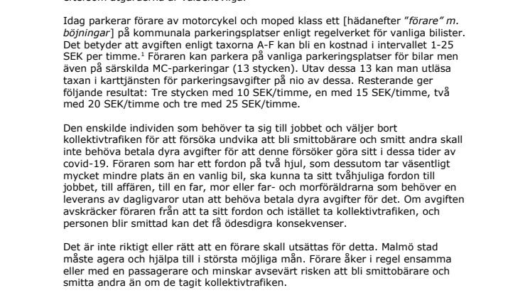 Pausa parkeringsavgiften för MC och moped klass I