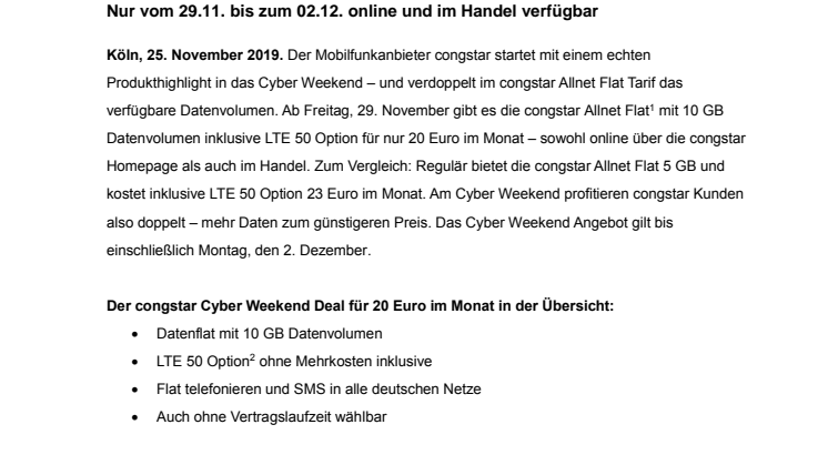 congstar Cyber Weekend: Allnet Flat mit 10 GB & LTE 50 für 20 Euro monatlich