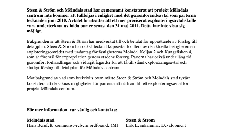 Samarbetet om projektet Mölndals centrum avbryts