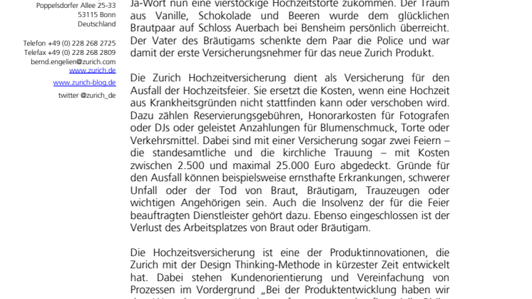 Zurich gratuliert Neukunden mit Hochzeitstorte