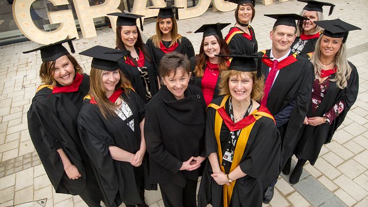 The first graduates pictured with Marie McKeown, practice placement facilitator, Northumbria Healthcare NHS Foundation Trust and Jane Douglas, Senior Lecturer, Northumbria University. Katy Crinson pictured middle row, far right.