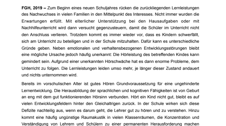 Gutes Hören und Lernerfolg – FGH Experten raten zu regelmäßigen Hörtests auch für Schulkinder und Jugendliche