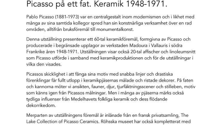 Sommarutställning "Picasso på ett fat" på Röhsska