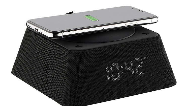 Väckarklocka med radio & portabel Qi-laddare
