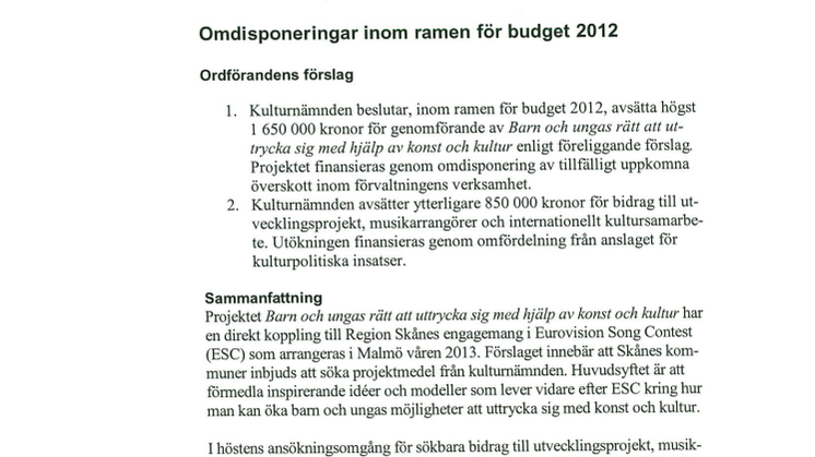 Extra ärende - Omdisponeringar inom ramen för budget 2012