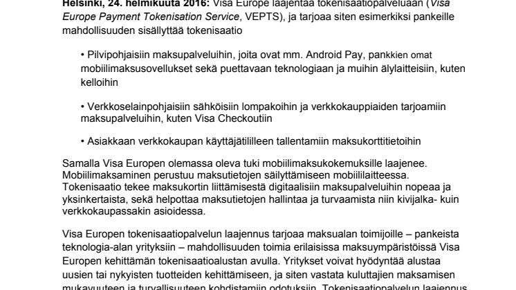 Visa Europe laajentaa tokenisaatiopalveluaan tukemaan pilvipohjaista maksamista – uudistus vahvistaa yhtiön visiota nopeasta ja sujuvasta maksamisesta paikasta, ajasta ja laitteesta riippumatta