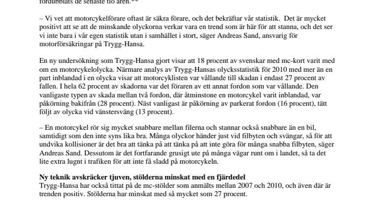 Motorcykelolyckorna har minskat med en femtedel
