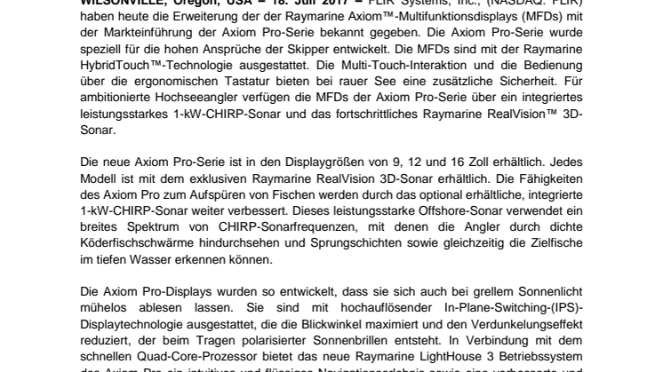 Raymarine:  FLIR Systems geben Markteinführung der neuen Raymarine Axiom Pro Multifunktionsdisplays bekannt