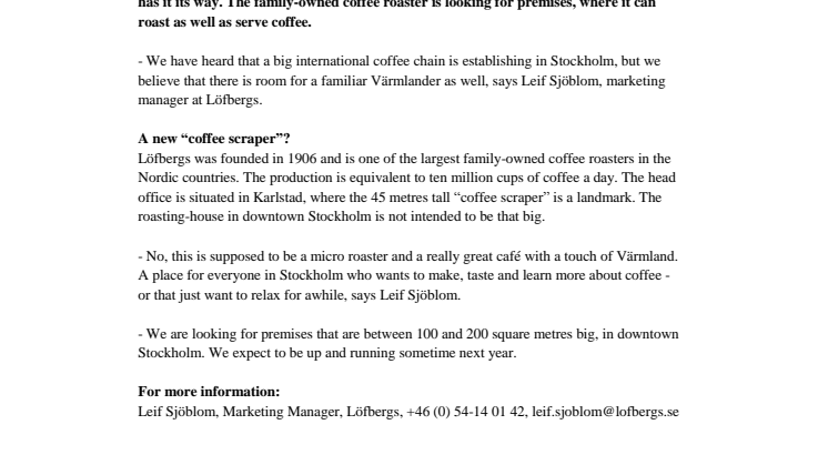 Löfbergs want to roast coffee in downtown Stockholm