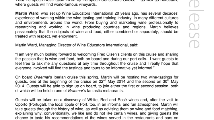 A discovery of wine on board Fred. Olsen Cruise Lines’ ‘Iberian Sea & Gastronomy’ cruise in Spring 2014