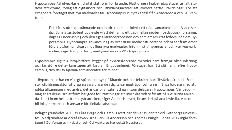AcadeMedia och GU Ventures saminvesterar i Hypocampus