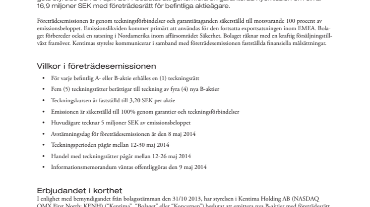 Kentima säkrar kapitalbehov för fortsatt  exportsatsning och presenterar finansiella mål för koncernen
