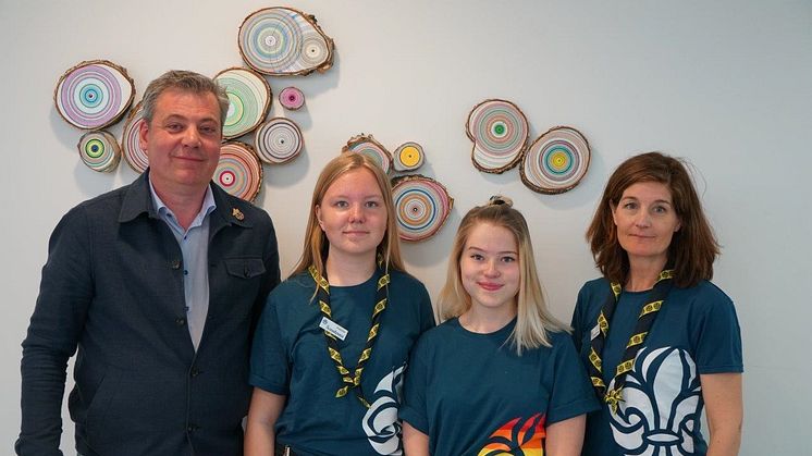 Pierre Månsson, kommunalråd, Kristianstad, Amanda Bauer, Anderslövs scoutkår, Ellinor Fält, Tollarps scoutkår och Petra Lindskog, generalsekreterare för Scouterna ser fram mot nästa jamboree i Kristianstad 2021. Foto: Claes Sandén
