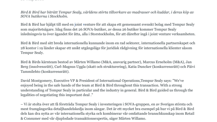 Tempur Sealy ny delägare i SOVA-gruppen