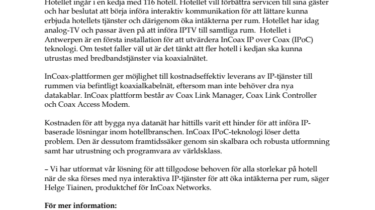 InCoax får hotellorder från Belgien