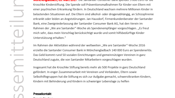 Santander unterstützt Kroschke Kinderstiftung mit 3 000 Euro
