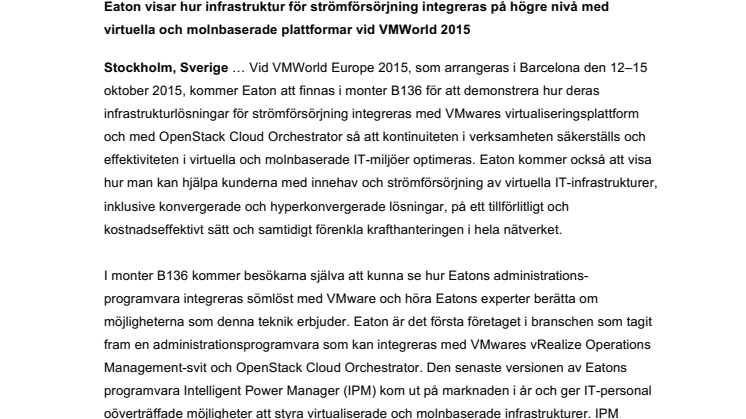 ​Eaton visar hur infrastruktur för strömförsörjning integreras på högre nivå med virtuella och molnbaserade plattformar vid VMWorld 2015