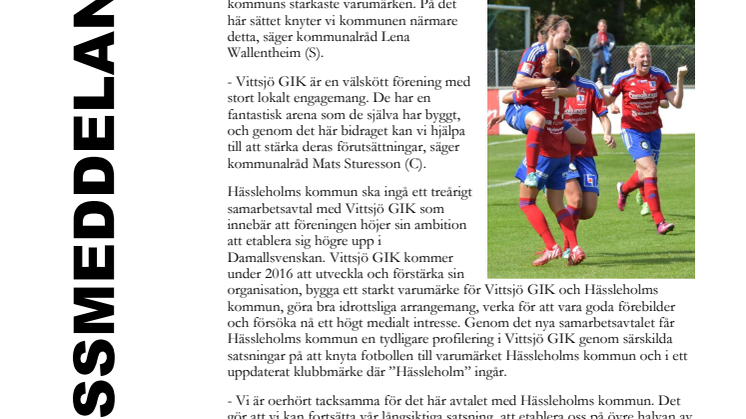 Hässleholms kommun och Vittsjö GIK stärker sin elitsatsning på fotboll